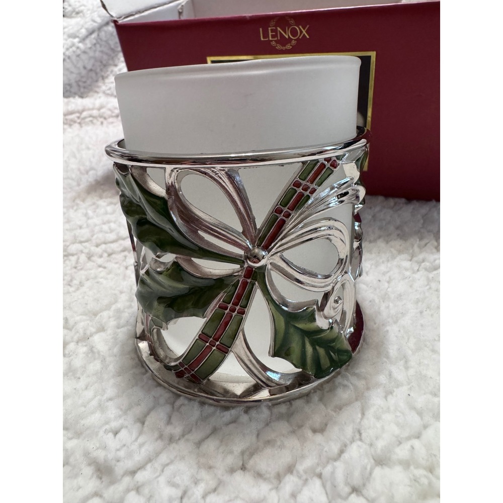 Lenox Holiday Nouveau Votive Silver Plated Pierced Holly Bow Candle Holder NWOT - Picture 6 of 7